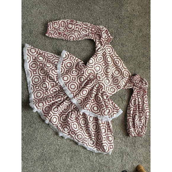 Alexis Dresses & Skirts - ALEXIS Geometric Embroidered Mini Dress Red White Fringe Balloon Sleeve S